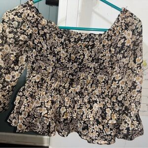 Patrons of Peace floral top with White and Mustard Floral Print. Off shoulder